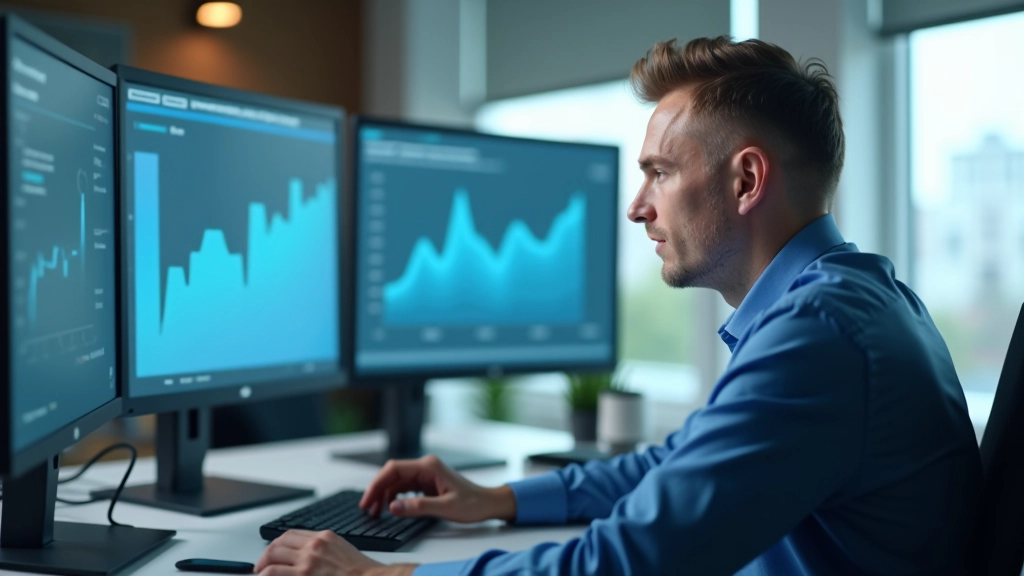 Analytik pracuje s tabulkami a grafy na počítači v kanceláři