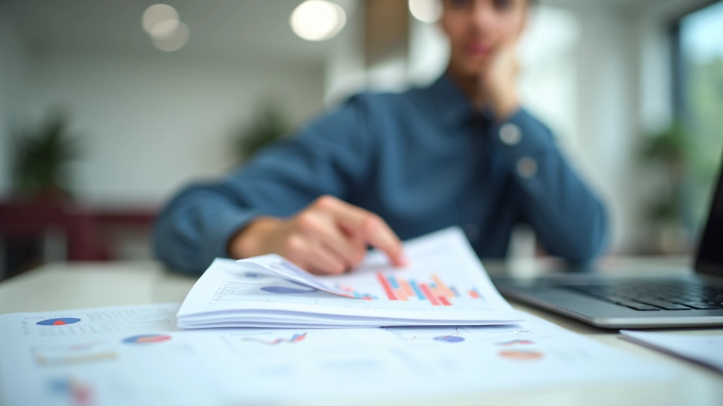 Analytik pracující s daty, přenosný počítač, papírové výkazy, pracovní stůl v kanceláři s přirozeným osvětlením