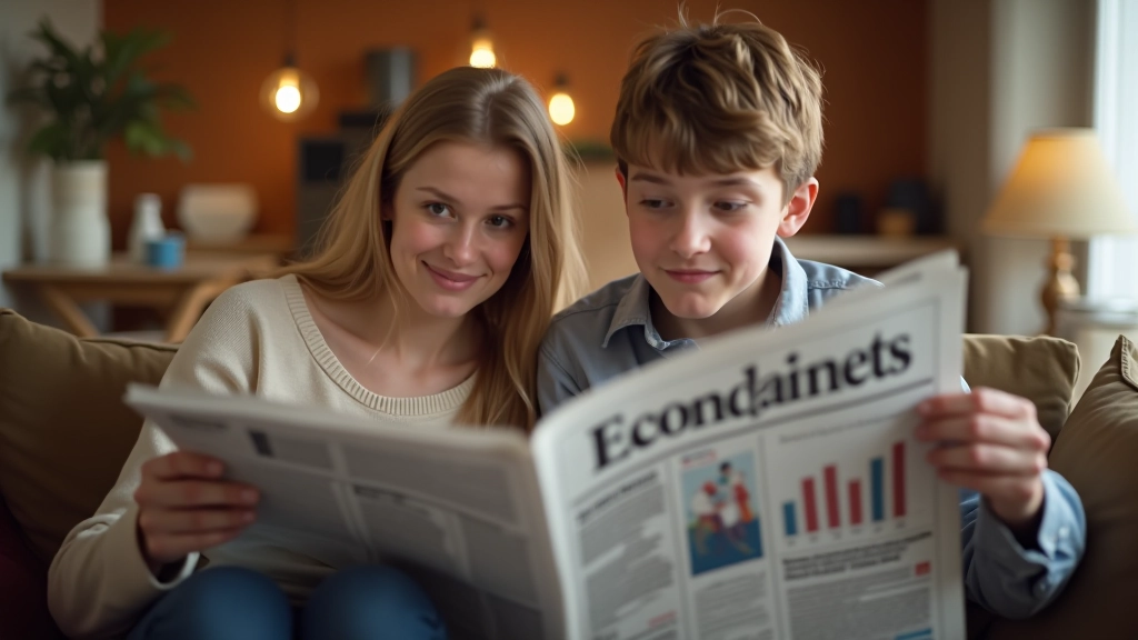 Domácnost, obývací pokoj, rodina si čte noviny se zpracováním ekonomických dat, pohodlné domácí prostředí, měkké osvětlení