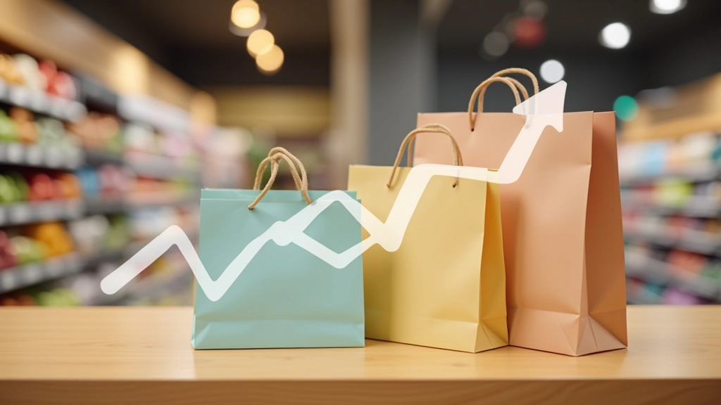 Grafika ukazující nákupní tašky a růst statistiky v obchodě
