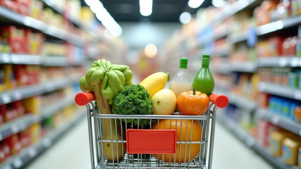 Nákupní košík plný potravin a denních potřeb v supermarketu